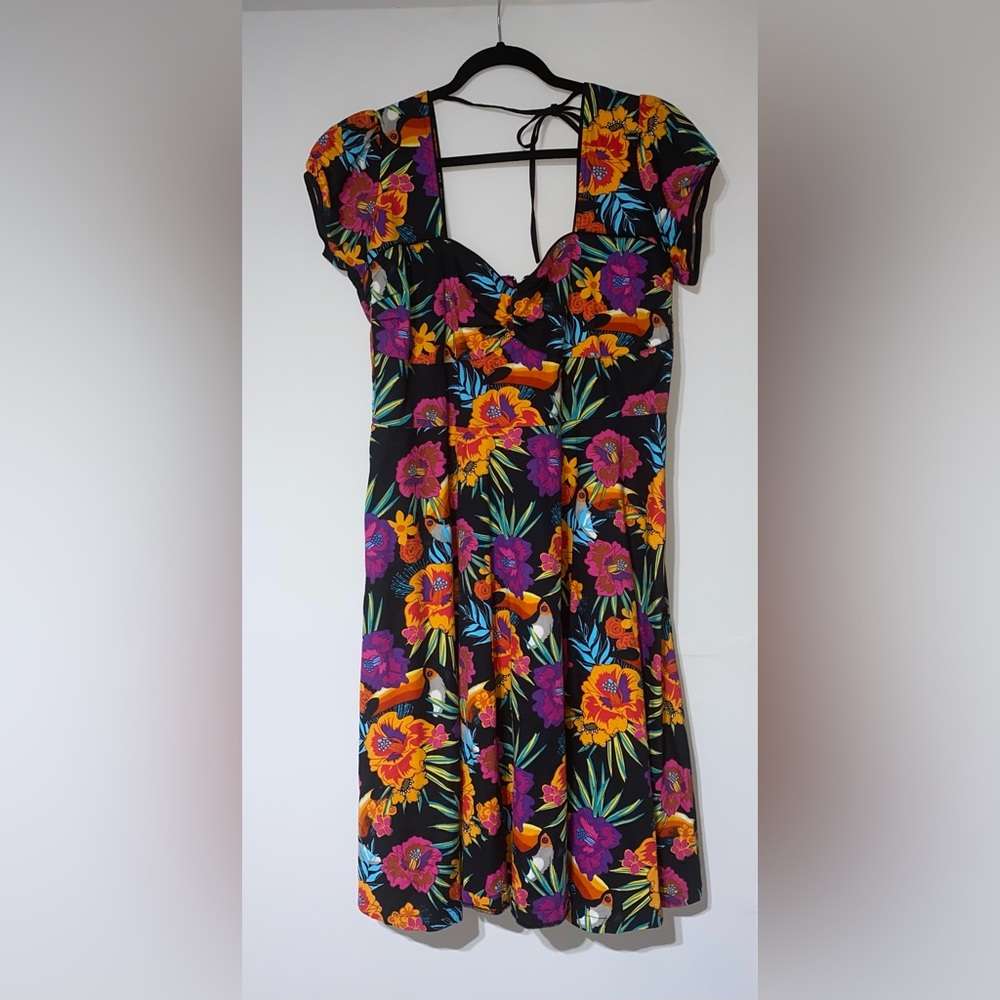 Lindy Bop Black Midi Dress with Purple, Orange & Teal Floral Print